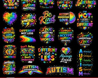 50 Autism PNG Bundle, Autism Awareness PNG, Coquette Autism Png, Puzzle Ribbon Autism Png, Autism Mama Png,Neurodiversity Sublimation Design