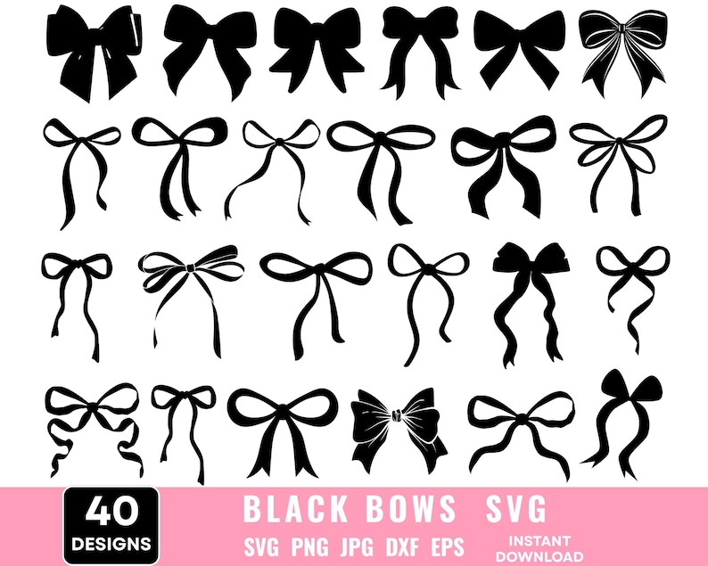 May include: A selection of 40 black bow designs in diverse styles, set against a white backdrop. The bows vary in complexity, featuring different ribbon shapes and knot details. Text at the bottom reads "BLACK BOWS SVG" and "40 DESIGNS".