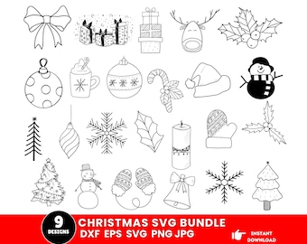 May include: Black and white Christmas-themed SVG bundle featuring various holiday elements. Includes a bow, gifts, ornaments, reindeer, holly, a snowman, a Christmas tree, snowflakes, and more. The text "9 DESIGNS" is visible.