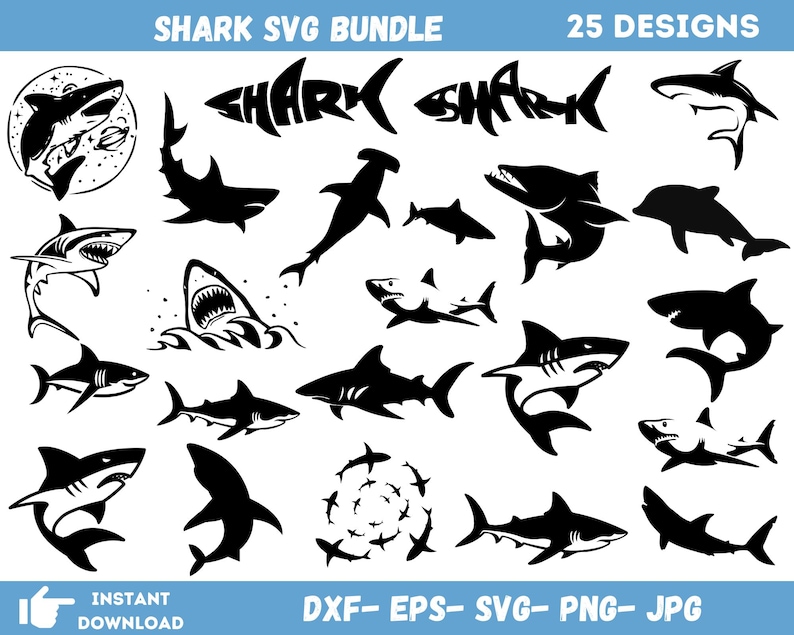 Puede incluir: Un conjunto de 25 dise&ntilde;os de tiburones SVG en blanco y negro. Los dise&ntilde;os incluyen varias siluetas de tiburones, incluyendo un tibur&oacute;n con la boca abierta, un tibur&oacute;n con la aleta dorsal levantada y un tibur&oacute;n con la cola levantada. Los dise&ntilde;os son perfectos para crear manualidades, proyectos y mucho m&aacute;s.