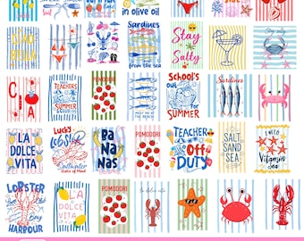 35 Sommer PNG Bundle, Strand Clipart Bundle, Retro Preppy Coquette Ocean Designs, Hummer Sardinen Cocktail Png, Urlaubs Shirt PNG