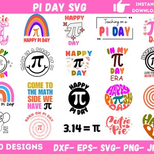 K&ouml;nnte beinhalten: Ein Set mit 20 farbenfrohen digitalen Designs, die das mathematische Symbol Pi zeigen, mit verschiedenen S&auml;tzen und Grafiken zum Pi-Tag. Die Designs beinhalten Regenb&ouml;gen, Herzen und geometrische Formen.