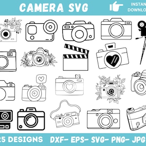 May include: A set of 25 black and white camera SVG designs, including a film camera, a camera with a heart, a camera with flowers, and a clapperboard. The text "CAMERA SVG" and "+ 25 DESIGNS DXF-EPS-SVG-PNG-JPG" is also included in the image.