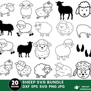 Op de afbeelding: Een verzameling van 20 schapenontwerpen in zwart en wit. De ontwerpen tonen schapen in verschillende poses, waaronder staand, lopend en een schapengezicht. Schapenvoetstappen zijn ook inbegrepen. De tekst "SHEEP SVG BUNDLE" staat onderaan.