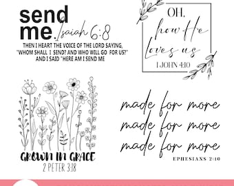 Puede incluir: Un conjunto de cuatro descargas digitales en blanco y negro con citas cristianas e ilustraciones florales. Las citas son "Envíame. Isaías 6:8", "Oh, cómo nos ama. 1 Juan 4:10", "Crecido en gracia. 2 Pedro 3:18", y "Hecho para más. Efesios 2:10".