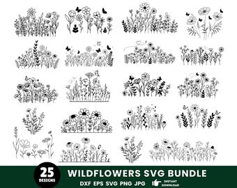 Wildflowers Svg Bundle, Flower Svg, Flower Border Svg, Nature Svg, Wildflower Clipart, Flowers Silhouette, Svg For Shirts, Instant Download