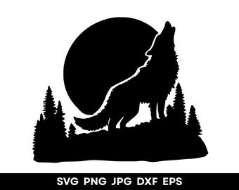 オオカミの遠吠えシルエット SVG：森、満月 カットファイル（デジタル