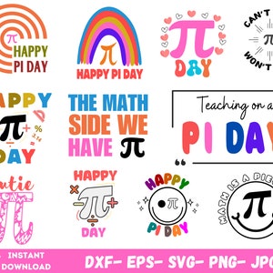 K&ouml;nnte beinhalten: Eine Sammlung farbenfroher digitaler Designs mit dem mathematischen Symbol Pi und dem Satz "Happy Pi Day". Die Designs beinhalten einen Regenbogen, ein Herz, einen Kreis und ein Smiley. Der Text "Can't Stop Won't Stop" ist ebenfalls in einem der Designs enthalten.