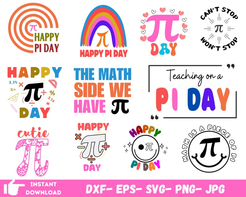 K&ouml;nnte beinhalten: Eine Sammlung farbenfroher digitaler Designs mit dem mathematischen Symbol Pi und dem Satz "Happy Pi Day". Die Designs beinhalten einen Regenbogen, ein Herz, einen Kreis und ein Smiley. Der Text "Can't Stop Won't Stop" ist ebenfalls in einem der Designs enthalten.