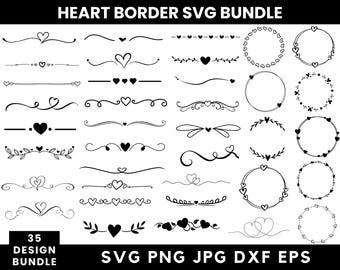 Heart Border Svg Bundle, Heart Border Png, Hart Svg, Hand Drawn Heart Borders, Wedding Dividers Svg, Heart Text Divider Svg,Instant Download