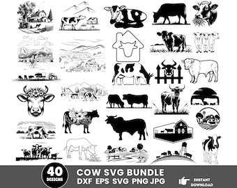 Paquete de más de 40 Svg de vaca, Svg de granja de vacas, archivos de corte Svg de animales de granja, Svg de cabeza de vaca PNG, clipart de uso comercial, descarga instantánea, silueta