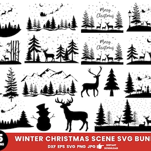May include: A collection of 25 black and white winter Christmas scene designs. The designs include silhouettes of deer, trees, Santa's sleigh, snow, and the text "Merry Christmas". The bundle is available in DXF, EPS, SVG, PNG, and JPG formats.