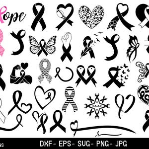 May include: A set of 40 black and white digital cut files featuring various ribbon designs, including hearts, butterflies, and the word "Hope".
