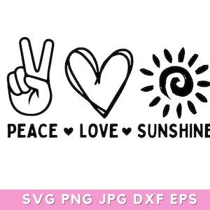 May include: Black and white graphic design with a peace sign, heart, and sun. The text "Peace Love Sunshine" is below the graphic.
