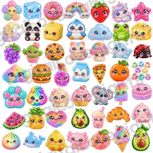 Puede incluir: Una colección de pequeñas figuras coloridas de estilo kawaii que representan varios personajes, incluidos animales, frutas, dulces y elementos de la naturaleza. Cada objeto tiene ojos grandes y expresivos y una cara sonriente.