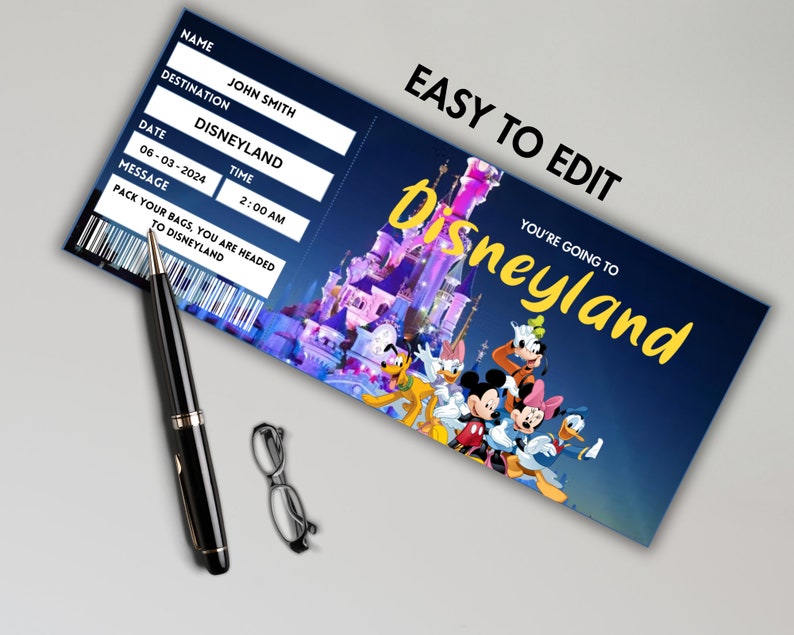 Printable Disneyland Surprise Ticket Template, Disneyworld Trip, Gift Reveal, Birthday Gift ...
