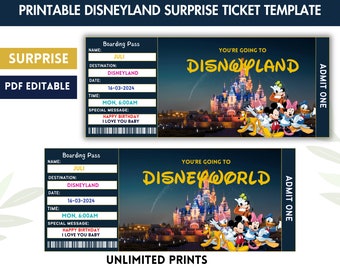 Printable Disneyland Surprise Ticket Template, Disneyworld Trip, Gift Reveal, Birthday Gift, Editable Boarding Pass, Instant Download,