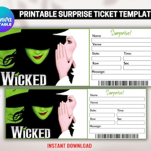 Druckbares Wicked Broadway Surprise Ticket, musikalische bearbeitbare Konzertkarte, PDF Theater Faux Event Eintritts-Andenken, sofortiger Download