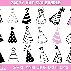 Könnte beinhalten: Ein Set mit 20 Partyhut-SVG-Designs in Schwarzweiß. Die Hüte sind in verschiedenen Stilen, darunter mit Punkten, Streifen und Sternenmustern. Der Text "PARTY HAT SVG BUNDLE" befindet sich oben im Bild. Der Text "20 DESIGNS" befindet sich unten links im Bild. Der Text "SVG PNG JPG DXF EPS" befindet sich unten in der Mitte des Bildes.