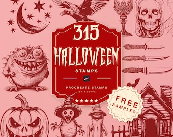 May include: A set of 315 Halloween themed digital stamps for Procreate. The stamps feature a variety of spooky and cute designs, including a pumpkin, a crow, a skull, a witch, a monster, a house, and more.