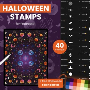 Op de afbeelding: Een digitale illustratie van 40 Halloween-thema stempels voor Procreate. De stempels bevatten afbeeldingen van pompoenen, vleermuizen, geesten, schedels, snoep, heksenhoeden en meer. Een gratis Halloween-kleurenpalet is ook inbegrepen.