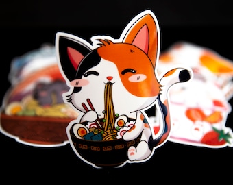 Japanese Ramen Calico Cat Kitty Food Anime Stickers or Magnets
