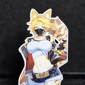 May include: A colorful anime-style sticker featuring a character with blonde hair, fox ears, and a tiger-striped tail. The character wears a white crop top, blue shorts, and a black mask. The sticker has a black background.