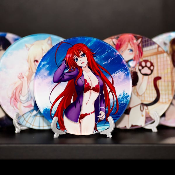 Anime Waifu Tempered Glass Coasters w/ Free Stand