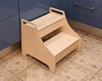 Kitchen help Step stool for adults, toddlers, kids. Wooden step stool, two steps, use in kitchen, use in bathroom, gray step stool