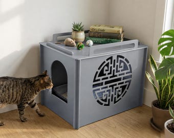 Modern Plywood Cat Litter Box Cover - Decorative Pet Enclosure