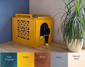 Hoes kattenbak, houten kattenbak, stijlvol dierenmeubels