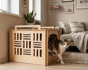 Pet furniture | Modern Plywood Cat Litter Box Cover: Elegant Pet Enclosure