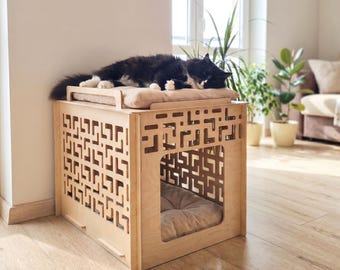 Casa moderna para gatos de abedul báltico: cama para mascotas de 2 pisos, elegante hogar para perros.