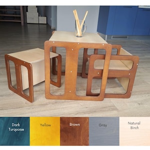 Mesa y silla Montessori – Muebles infantiles de abedul báltico. Disponibles en conjunto o por separado en 3 tamaños (pequeño, mediano y grande).