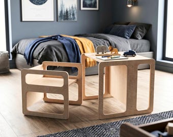 Montessori Cube Chair & Table Set or Separate Pieces: Baltic Birch Plywood, Multifunctional