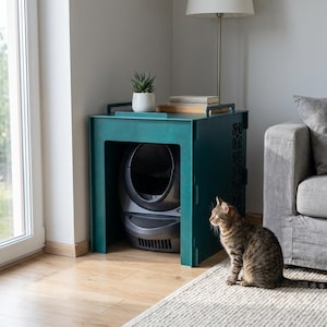 May include: Teal wooden cat litter box enclosure with a modern design. The enclosure has a top shelf with a small potted plant and books. A cat sits on a rug in front of the enclosure. The litter box is inside the enclosure.