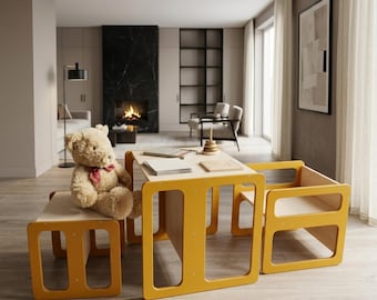 Montessori Nesting Table & Cube Chair, Available as Set or Individually in 3 Sizes, Baltic Birch Kids Furniture