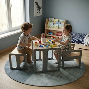 Conjunto de mesa y silla Montessori o piezas separadas – Muebles infantiles de abedul báltico, opciones pequeñas, medianas y grandes.