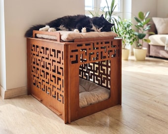 Casa moderna para gatos de abedul báltico: Jaula pequeña para perros, cama elegante para mascotas