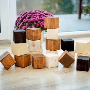 Op de afbeelding: Een set houten blokken in verschillende tinten bruin, zwart en wit. De blokken zijn gerangschikt in een toren en verspreid over een houten vloer.