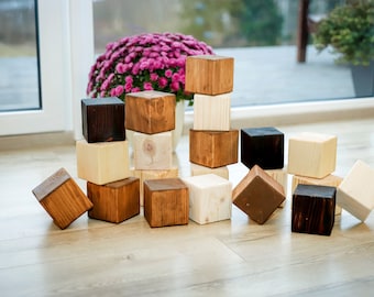 Pine Wood Craft Blocks: Unfinished, Sanded, Burned & Waxed (Set of 4, 3.5" Cubes)