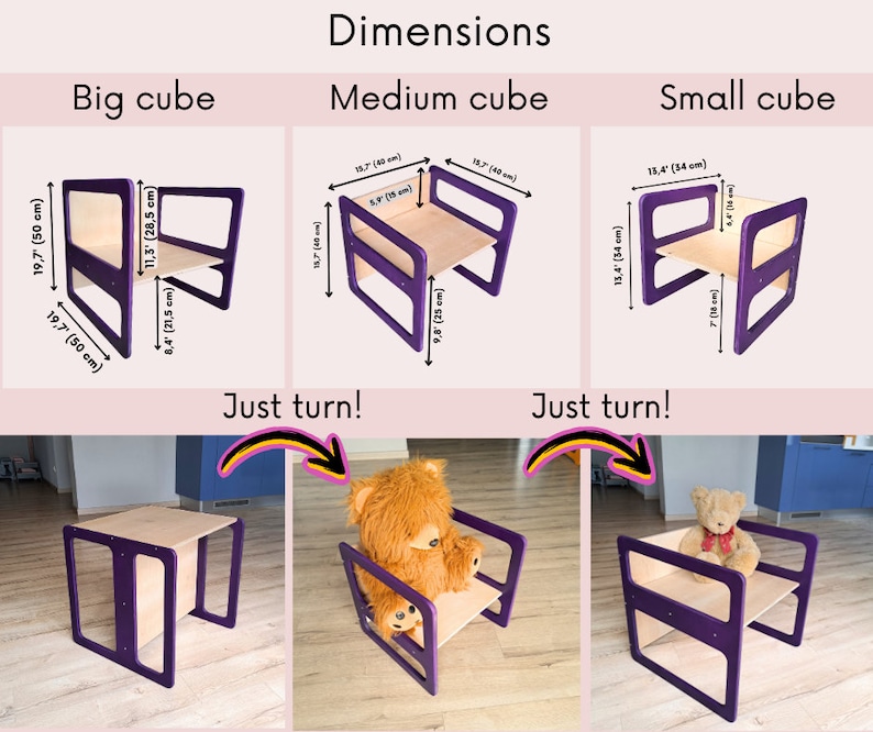 May include: A set of three wooden children's furniture pieces in purple and natural wood tones. The dimensions are provided for each cube-shaped chair and table. The text "Just turn!" is included.