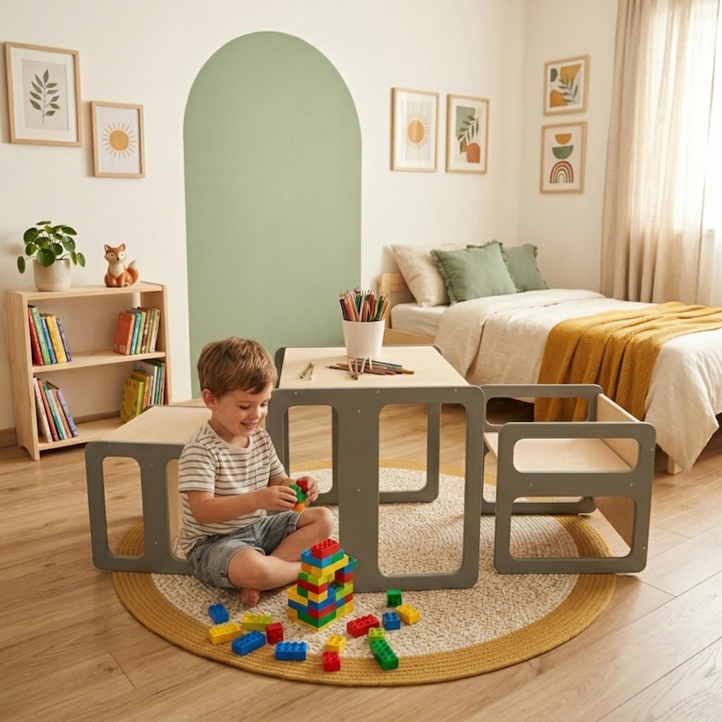 May include: A child's play area featuring a gray and natural wood table and chair set. The set is on a round rug with a yellow border. The room includes a bookshelf, artwork, and a bed with a yellow blanket. The child is playing with colorful building blocks.