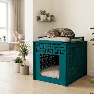 May include: A teal cat house with a geometric design, featuring a sleeping tabby cat on top. The house has a rectangular shape with a cushioned interior. The design includes cut-out patterns on the sides and front, and is surrounded by potted plants.