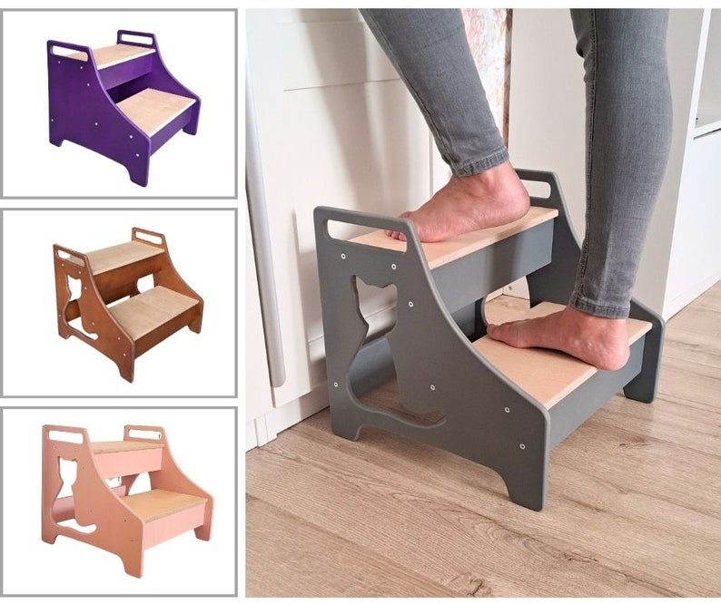 Adults & Kids Multipurpose Wooden 2 Step Stool, Kitchen Help Stool