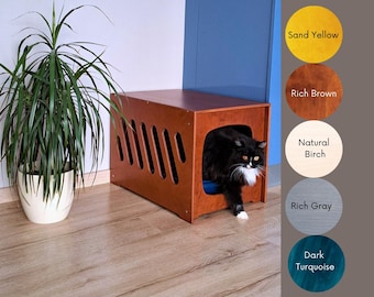 Banco moderno para pasillo con cubierta para arenero de gatos: muebles para mascotas de abedul báltico