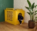 Cat litter box cover, wooden pet litter cabinet, stylish animal furniture product logo