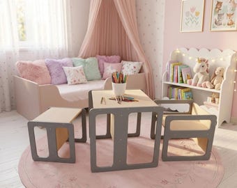 Montessorimöbler för barn – Bord och stolar i baltisk björk, finns som set eller individuellt i 3 storlekar