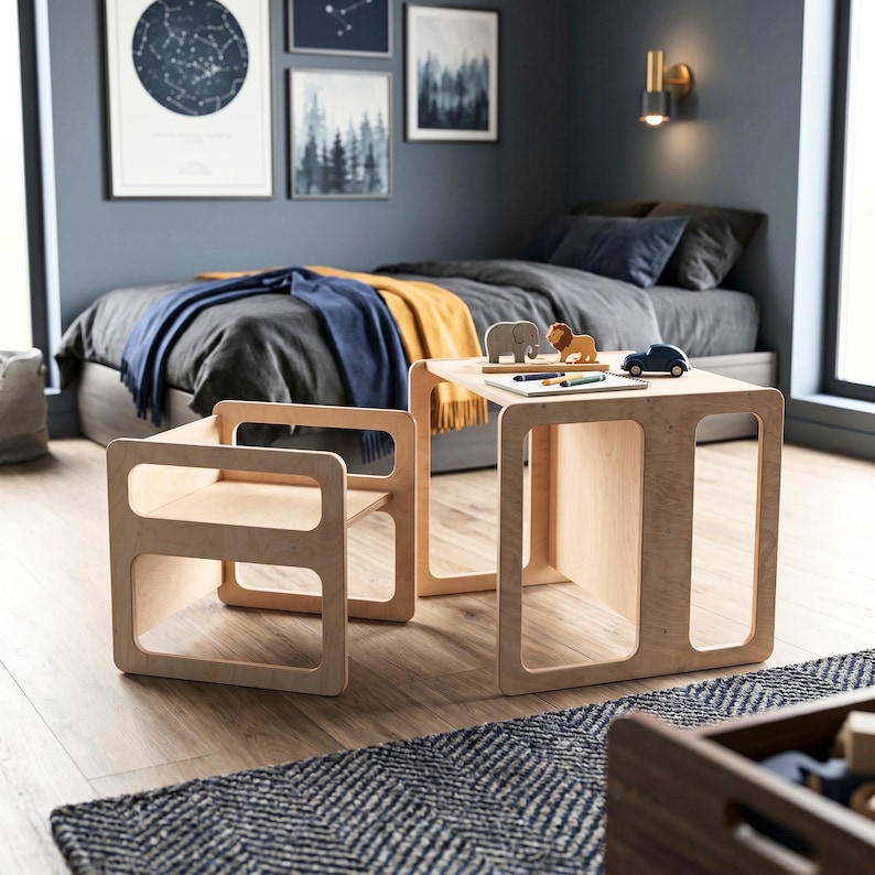 May include: A light-colored wooden children's table and chair set. The table has a square top with cut-out sides. A small blue toy car, a wooden lion, and a wooden elephant sit on the table. The chair has a square seat and cut-out sides. The set is in a bedroom.