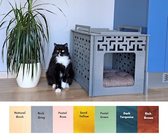 Pet house with door, cat dog crate, 2 floor pet bed, modern raised luxury dog home, pet lover gifts, stylish rabbit castle, wooden cat house